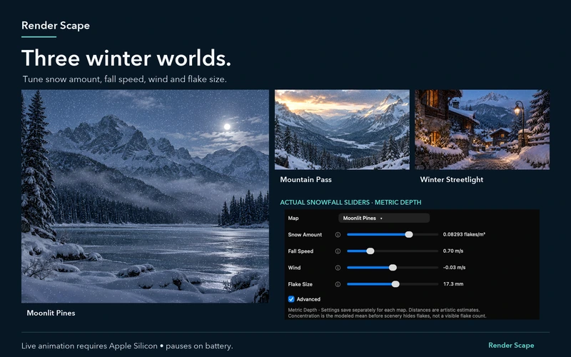Render Scape Snowfall across three winter environments