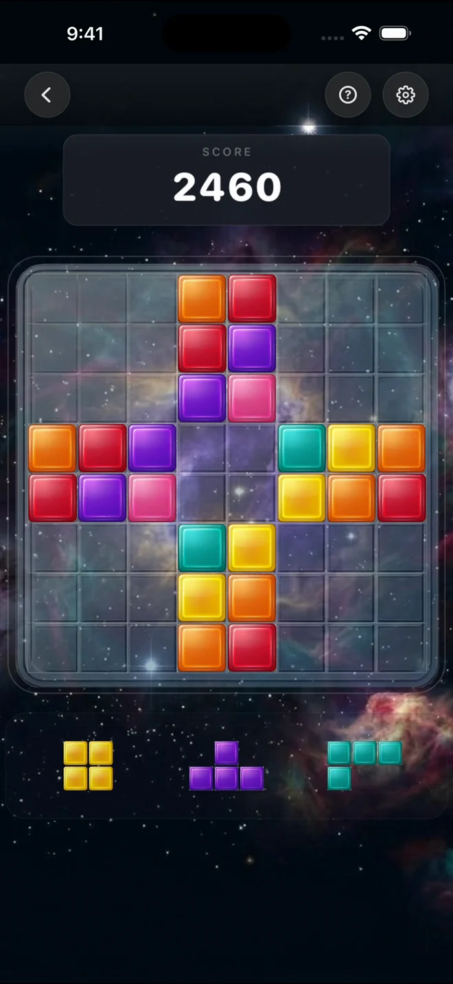 Stack Em! development preview showing colorful puzzle blocks on the Nebula board